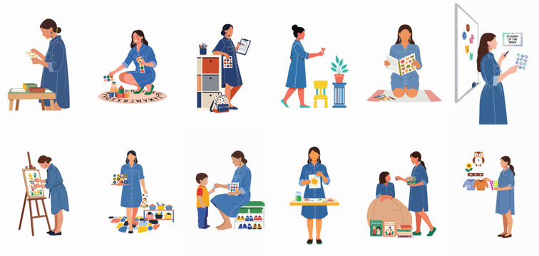 Set of illustrations featuring a kindergarten teacher engaging in various classroom activities, teaching, organizing, and rewarding students with stickers.