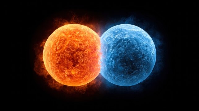 Abstract depiction of fire and ice spheres in a contrasting composition.