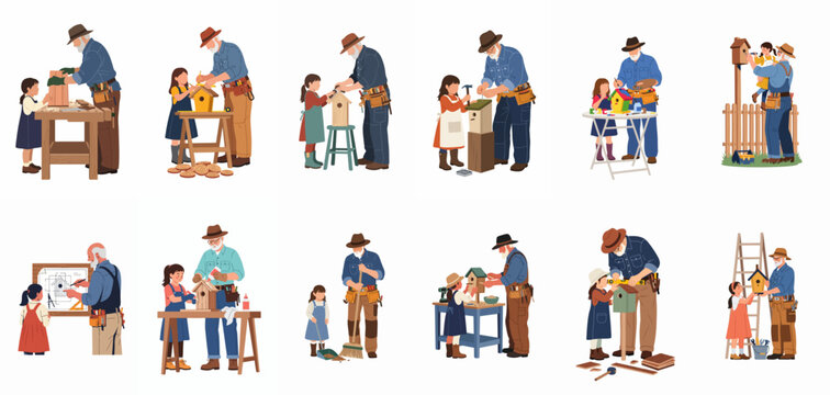 Grandfather and granddaughter building, painting, and installing birdhouses together in a series of DIY woodworking workshop scenes isolated on white background.