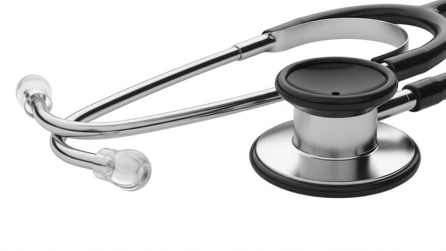 A close-up view of a medical stethoscope with black tubing and a polished, reflective silver chest piece against a solid black background