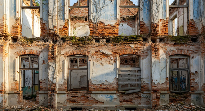 ruined building facade with exposed brick and broken windows on transparent background