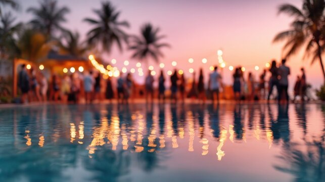 Tropical evening party with string lights reflected in a pool at sunset