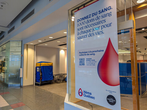 MONTREAL, CANADA, 22 December 2025 : Blood Donation Campaign Sign in Shopping Center