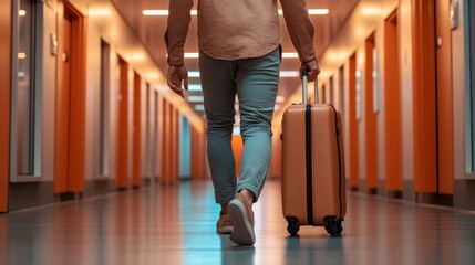 Obraz premium A person walking down a modern hotel corridor with an orange suitcase, capturing the essence of travel, adventure, and modern lifestyle in a vibrant interior setting.