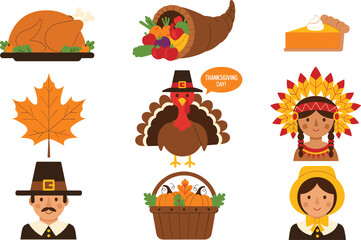 Naklejka premium Thanksgiving Vector Set. Includes turkeys, Thanksgiving dinner, Pilgrims, cornucopia, and autumn leaves, perfect for seasonal and holiday-themed designs.