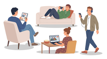 Fototapeta premium Set of people of different ages using gadgets. Man and woman are online with smartphone, laptop, tablet PC, mobile phone.