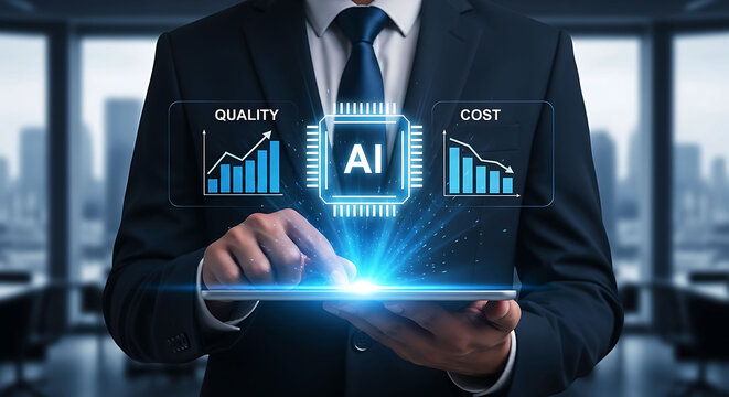 Business executive using AI to optimize quality and reduce costs with analytics