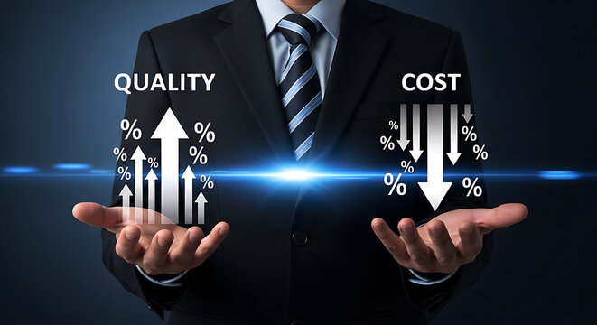 Businessman holding graphics showing increasing quality and decreasing cost icons
