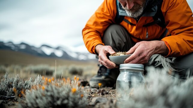 A rugged outdoorsman carefully examines plants in a natural environment, highlighting the connection between humanity and nature, showcasing curiosity and ecological awareness in exploration.