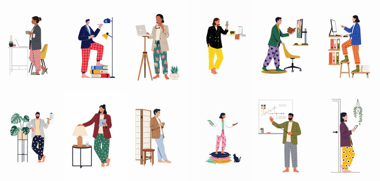 Illustrated set of diverse professionals working from home, combining business wear with cozy pajamas for remote office video calls and meetings.