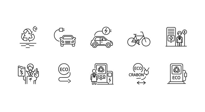 Eco-friendly transportation icons highlight sustainable energy solutions and green charging infrastructure.