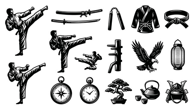Black and White Martial Arts Icons: Karate, Samurai, Bonsai, Eagle, Lantern, Teapot