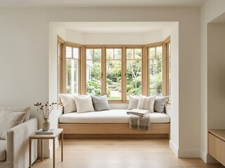 Fototapeta premium Cozy Bay Window Seat with Cushions and Soft Natural Lighting