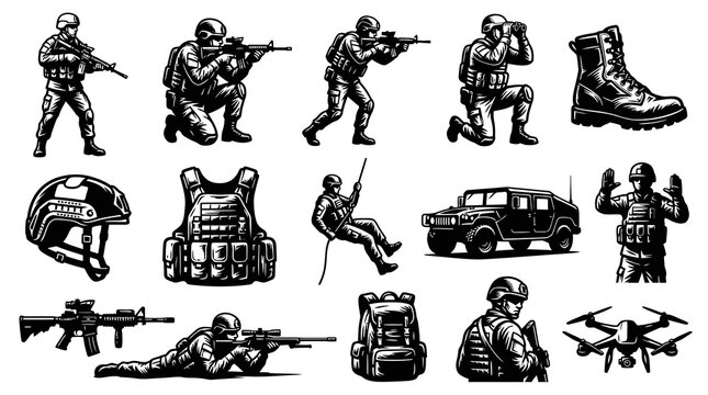 Black and White Military and Army Soldier Equipment Vector Illustration Set