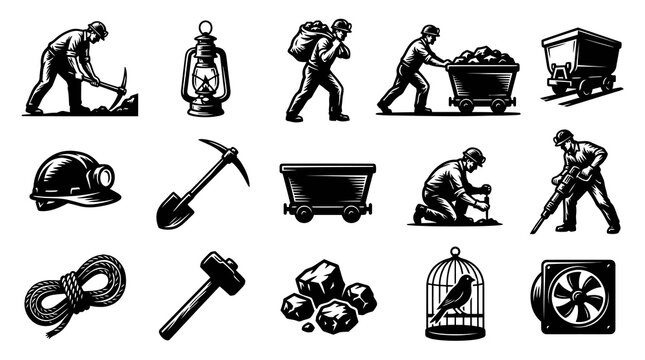 Mining Industry Icons: Miners, Tools, Lamp, Coal, Cart, Fan, Birdcage - BW