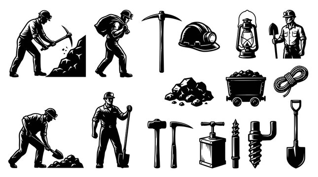 Mining Icons: Black and White Vector Illustrations of Miners, Tools, and Equipment