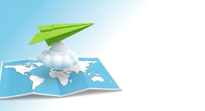 Green paper airplane launching from fluffy cloud on world map, representing travel and global connection