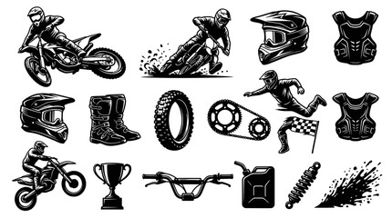 Obraz premium Motocross Dirt Bike Racing Vector Elements Set - Extreme Sports Rider Equipment Black and White Line Art Illustration