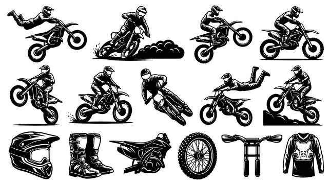 Motocross Dirt Bike Riders and Sport Equipment Vector Line Art Set