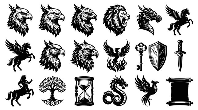 Mythology Fantasy Black and White Line Art Set: Legendary Creatures, Heraldic Animals, Magical Symbols