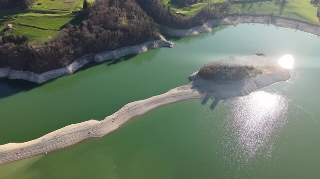 Aerial View of &Icirc;le d'Ogoz with Medieval Tower Ruins at Low Water, Lac de la Gruy&egrave;re, Switzerland