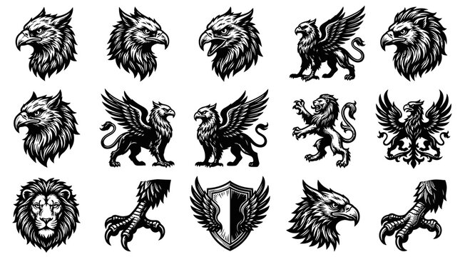 Heraldry  Fantasy Vector Set: Engraved Black  White Mythical Animals - Griffins, Eagles, Lions, Claws, Wings