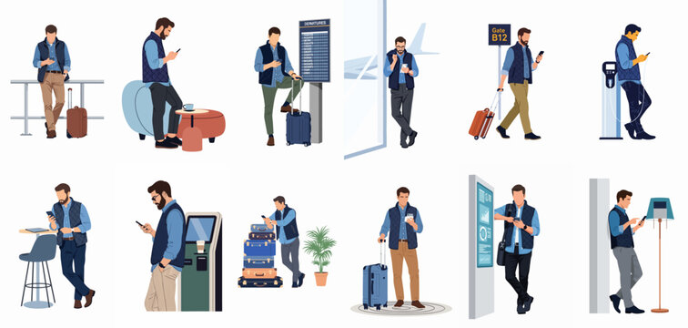 Set of flat vector illustrations featuring a male traveler with luggage using a smartphone and waiting in various locations throughout an airport terminal.