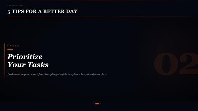 Productivity Tips Slideshow with Prioritize Your Tasks Carousel Slide on Dark Background