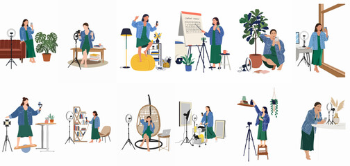 Fototapeta premium Diverse illustrations of a female influencer and content creator producing social media videos, managing strategy, and vlogging in various home studio environments.
