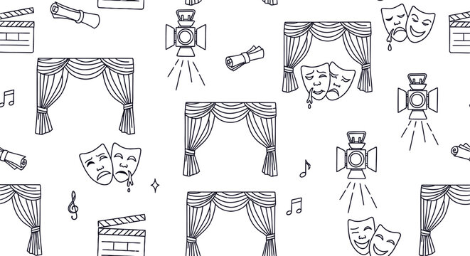 Theater and drama seamless pattern with stage curtain and masks outline