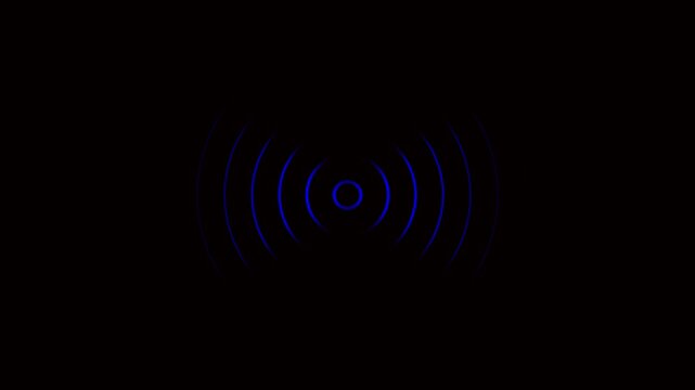 Blue neon radio wave signal animation, pulsing wireless connection concept, digital communication technology background