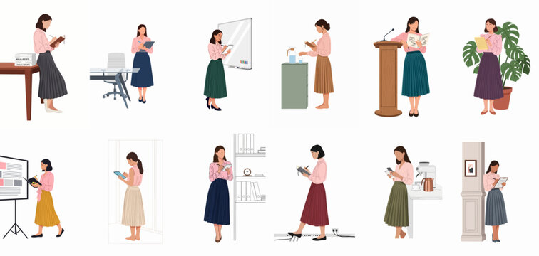 Vector illustration set of a young professional woman performing various daily tasks and activities in a modern office workspace environment.