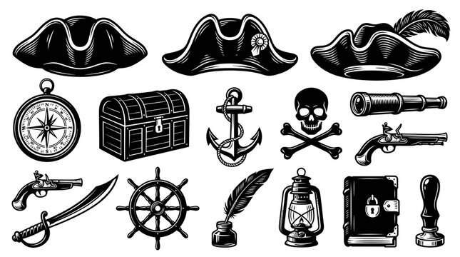 Pirate Adventure Elements Set. Vintage Black and White Engraving Style Collection of Nautical Symbols