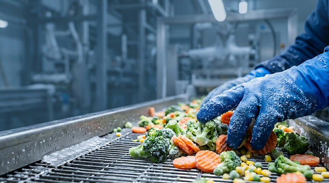 Blue gloved hands processing frozen mixed vegetables on conveyor belt in factory