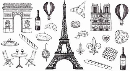 Charming hand-drawn Parisian travel and culture icons set, featuring famous French landmarks, delicious food, and cultural symbols in a vintage sketch style © wkwkwkwk