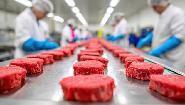 Raw beef patties are lined up on a conveyor belt in a food processing plant with workers in protective gear handling the production.