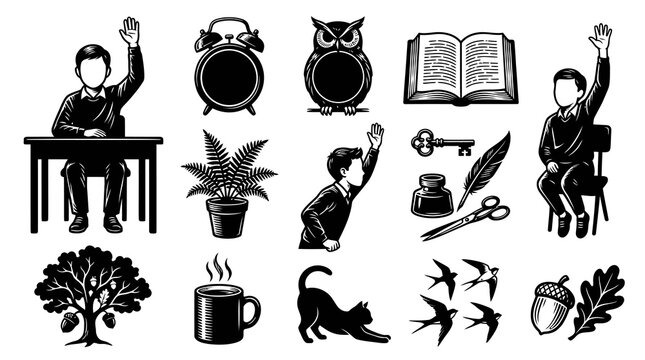 Black and White Engraving Style Education Icons Set with School Students, Book, and Nature Elements
