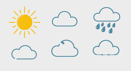 Obraz premium Collection of Realistic Weather Icons Sun, Clouds, and Raindrops for Digital and Print Applications