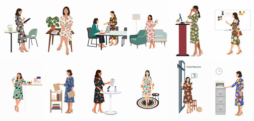 Fototapeta premium Collection of flat vector illustrations depicting a professional businesswoman in various office scenarios, from meetings and presentations to administrative tasks and Human Resources.