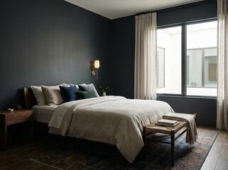 Fototapeta premium Calm Guest Bedroom with Neutral Linen Bedding and Minimalist Sconce
