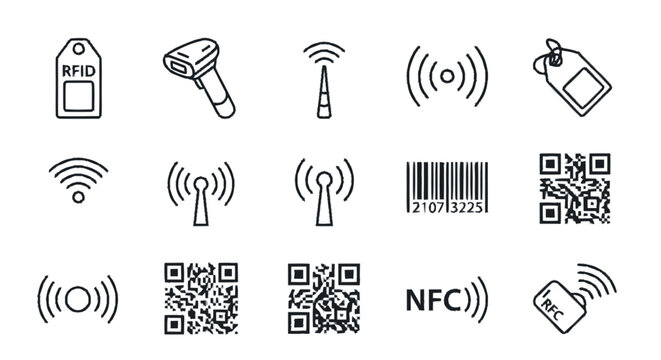 Collection of wireless technology and identification icons including RFID tags, barcode scanners, Wi-Fi signals, QR codes, and NFC