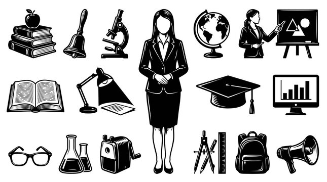 Education Icons: Teacher, Books, Globe, Microscope, Bell, Graduation Cap, Desk Lamp