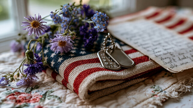 Dog tags resting on a folded American flag atop a handwritten letter, wildflowers placed beside them on a worn quilt, soft May morning light through a screen door, perfect for Memorial Day, honor, a