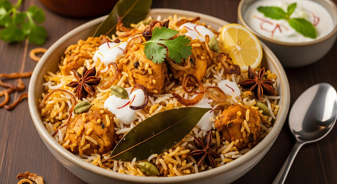 delicious chicken biryani served in bowl with garnishes on transparent background