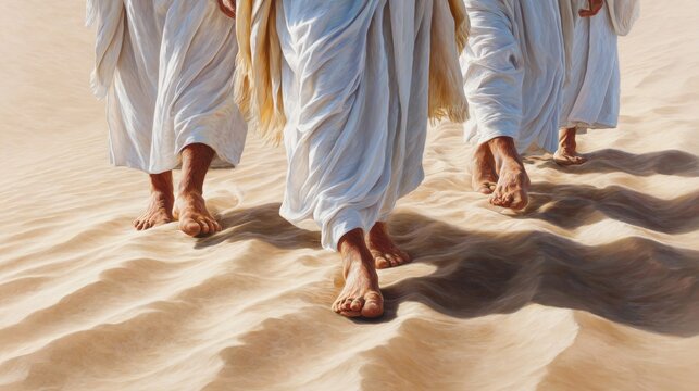 Barefoot figures in white robes walk across rippling sand dunes under bright sunlight