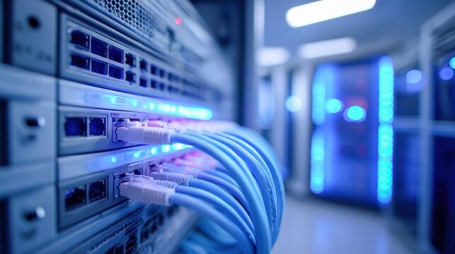 Close-up of network cables plugged into a server rack with blue LED lights
