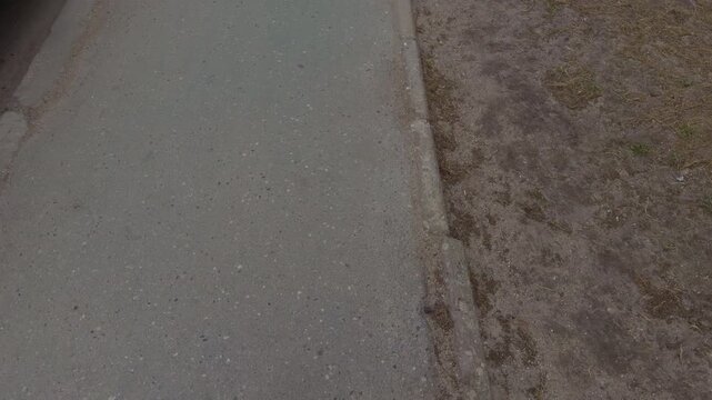 Concrete walkway with small oil stain and curb spot, subtle blotch contrasts with rough pavement grain, useful closeup for contamination and cleanup concept in urban environment