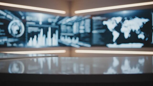 Modern news studio features a large interactive wall displaying global financial data and world maps
