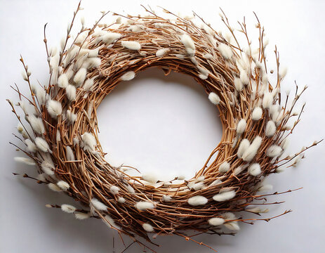 Beautiful rustic pussy willow wreath on white. Symbolizing spring and renewal, this minimalist floral circle is perfect for Easter themes, natural decor, and seasonal marketing copy.