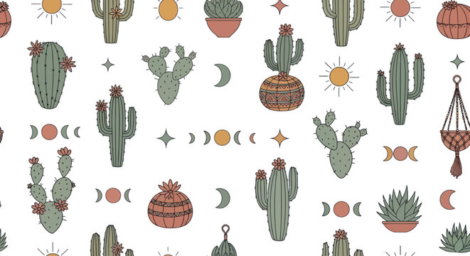Boho Desert Cactus Pattern: Sun, Moon, Stars and Hanging Plant Design